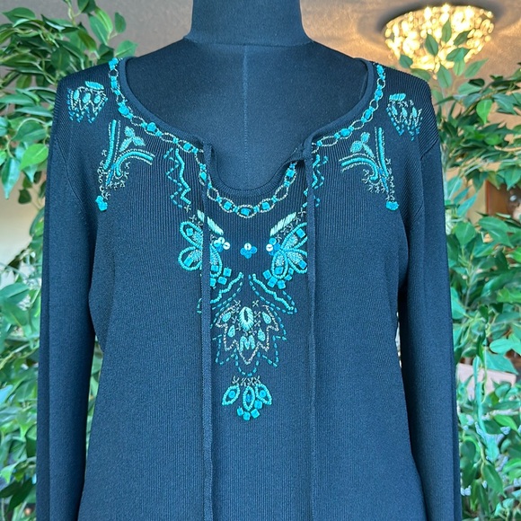 Size Large Black Boho Western Sweater Turquoise Beads and Bell Sleeves - Picture 7 of 16